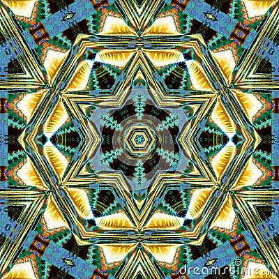 Golden and neon teal geometric hexagonal mandala Stock Photo