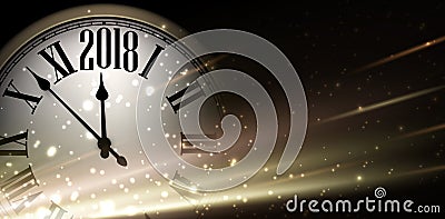 Golden 2018 New Year clock background. Vector Illustration