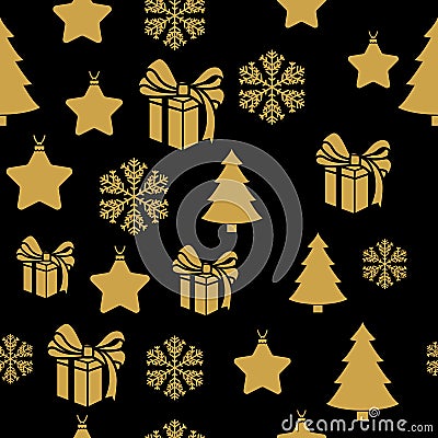 Golden New Year seamless pattern for gift wrapping or cards for the holidays. Easy style in one line, hipster style. Vector Illustration