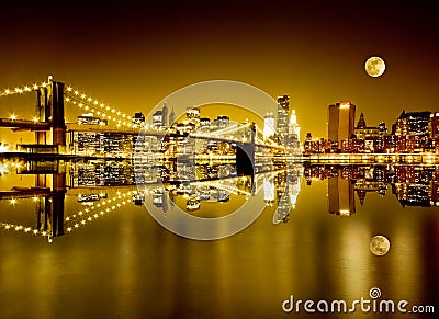 Golden New York and Brooklyn Bridge Stock Photo