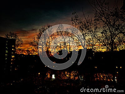 Golden night with fire skies Stock Photo