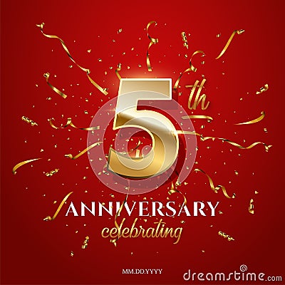5 golden number and Anniversary Celebrating text with golden serpentine and confetti on red background. Vector fifth Vector Illustration