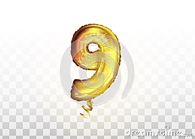 Golden Number Balloon 9 Nine. Vector realistic 3d gold shiny character. Isolated decoration element for party, birthday Vector Illustration