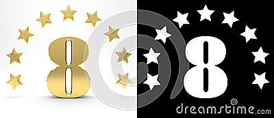 Golden number eight on white background with drop shadow and alpha channel , decorated with a circle of stars. 3D illustration Cartoon Illustration