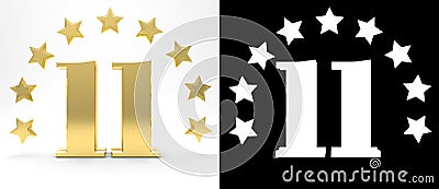 Golden number eleven on white background with drop shadow and alpha channel , decorated with a circle of stars. 3D illustration Cartoon Illustration