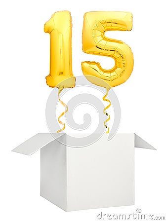 Golden number fifteen balloon flying out of blank white box isolated on white background Stock Photo