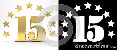 Golden number fifteen on white background with drop shadow and alpha channel , decorated with a circle of stars. 3D illustration Cartoon Illustration