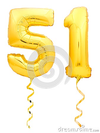 Golden number fifty one 51 made of inflatable balloon with ribbon on white Stock Photo