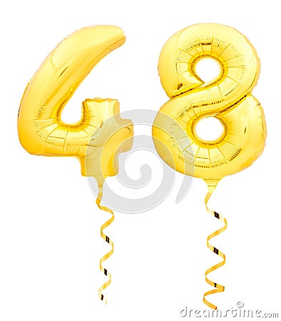Golden number forty eight 48 made of inflatable balloon with ribbon on white Stock Photo