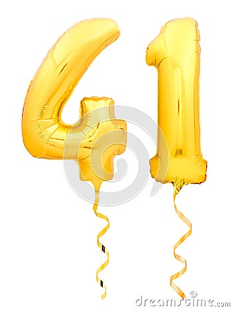 Golden number forty one 41 made of inflatable balloon with ribbon on white Stock Photo