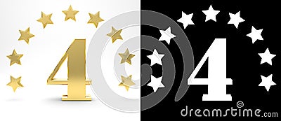 Golden number four on white background with drop shadow and alpha channel , decorated with a circle of stars. 3D illustration Cartoon Illustration