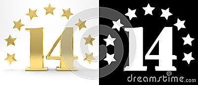 Golden number fourteen on white background with drop shadow and alpha channel , decorated with a circle of stars. 3D illustration Cartoon Illustration