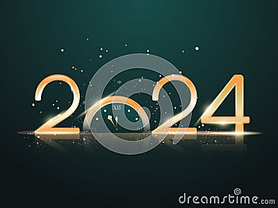 Golden 2024 Number with Light Effect Clock on Shiny Green Stock Photo