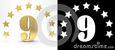 Golden number nine on white background with drop shadow and alpha channel , decorated with a circle of stars. 3D illustration Cartoon Illustration