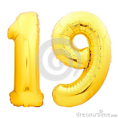 Golden number 19 nineteen made of inflatable balloon Stock Photo