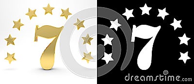 Golden number seven on white background with drop shadow and alpha channel , decorated with a circle of stars. 3D illustration Cartoon Illustration