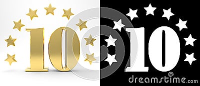 Golden number ten on white background with drop shadow and alpha channel , decorated with a circle of stars. 3D illustration Cartoon Illustration