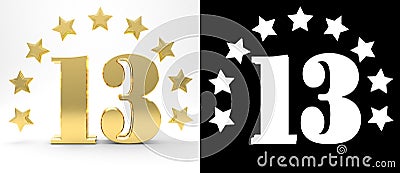 Golden number thirteen on white background with drop shadow and alpha channel , decorated with a circle of stars. 3D illustration Cartoon Illustration