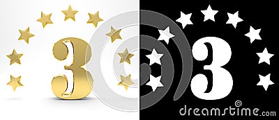 Golden number three on white background with drop shadow and alpha channel , decorated with a circle of stars. 3D illustration Cartoon Illustration