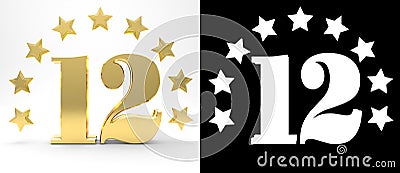 Golden number twelve on white background with drop shadow and alpha channel , decorated with a circle of stars. 3D illustration Cartoon Illustration