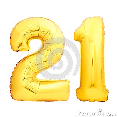 Golden number 21 twenty one made of inflatable balloon Stock Photo