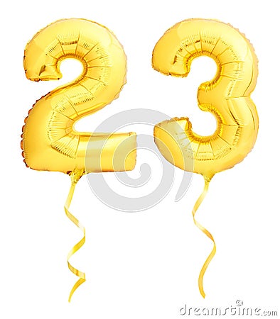 Golden number 23 twenty three made of inflatable balloon with ribbon isolated on white Stock Photo