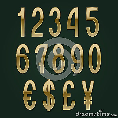 Golden numbers with currency signs. Slim vector symbols Vector Illustration