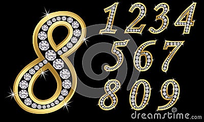 Golden numbers with diamonds, n8umbers from 1 to 9 Vector Illustration