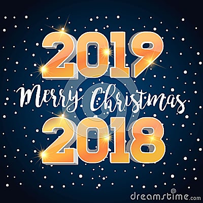 2019 Golden Numbers isolated on winter background. 3D isometric new year sign for greeting card or poster. 2018 Happy New Year Stock Photo