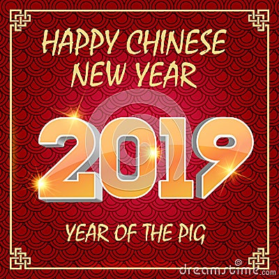 2019 Golden Numbers isolated on red background. 3D isometric new year sign for greeting card or poster. Happy New Year 2019. Stock Photo
