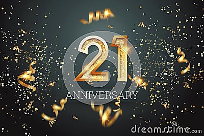 Golden numbers, 21 years anniversary, adulthood on a dark background and confetti. celebration template, flyer. 3D illustration, Cartoon Illustration