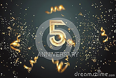 Golden numbers, 5 years anniversary celebration on dark background and confetti. celebration template, flyer. 3D illustration, 3D Cartoon Illustration