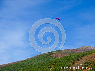 Golden October autumn, Balkan Mountains. Freedom, hike and fly. Nature background. Green, yellow, orange, red Stock Photo