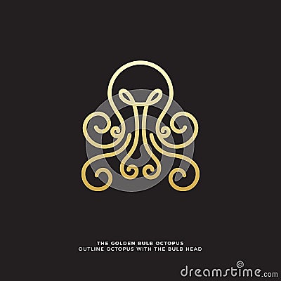 Golden octopus Outline of on black background Vector Illustration
