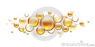 Golden oil bubbles. Cosmetic collagen serum, castor argan jojoba essence vector realistic template isolated on white Vector Illustration