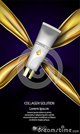 Golden oil cosmetic cream package skin care ads. Template 3d realistic illustration vector. Moisturizing mask product Vector Illustration