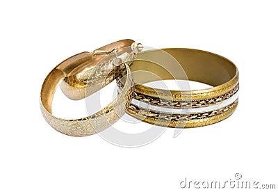 Golden old vintage bracelet and hoop earrings Stock Photo