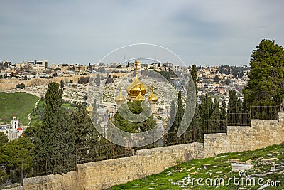 Golden Onion Domes of Russian Orthodox Church on Mt of Olives, Jerusalem Stock Photo