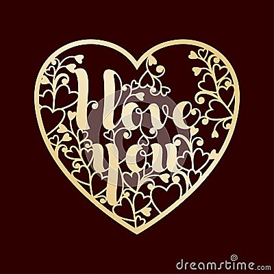 Golden openwork heart with inscription I love you. Vector Illustration