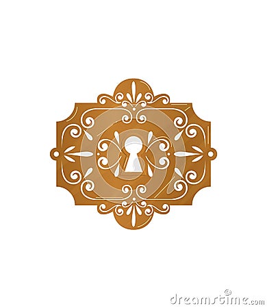 Golden ornate lock escutcheon with intricate design. Luxury detailed keyhole plate vector illustration Cartoon Illustration