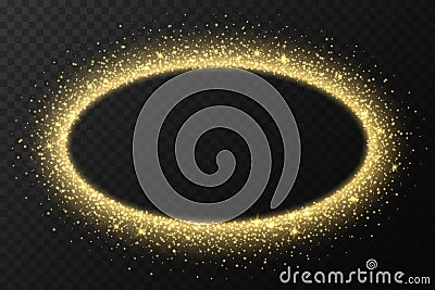 Golden oval frame with sparkles and flares, abstract luminous particles, yellow stardust light effect Vector Illustration