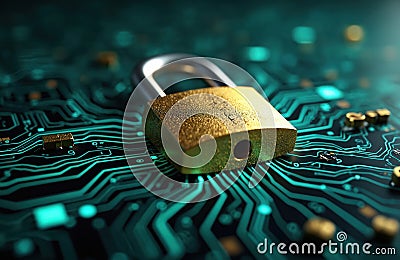 Golden padlock on circuit board. Cyber security safety lock for data protection, digital computer system access. Internet Stock Photo