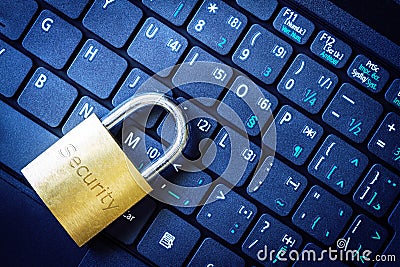 Golden Padlock on Keyboard Cyber Security Concept Stock Photo