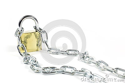 Golden Padlock And Metal Chain Isolated On White Background, Closeup Stock Photo