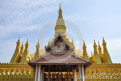 Golden pagoda in Pha That Luang Temple, Vientiane landmark. Stock Photo