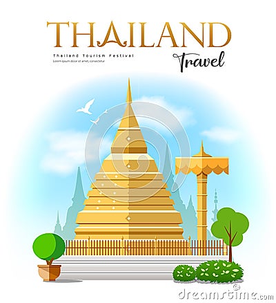 Golden pagoda, Wat Phra That Doi Suthep, North Thailand travel design Vector Illustration