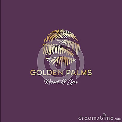 Golden palms logo. Resort and Spa emblem. Tropical cosmetics. Golden Palm leaves in a circle. Vector Illustration