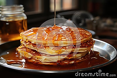 Golden pancakes with syrup, strawberries and nuts, a tempting delight., generative IA Stock Photo