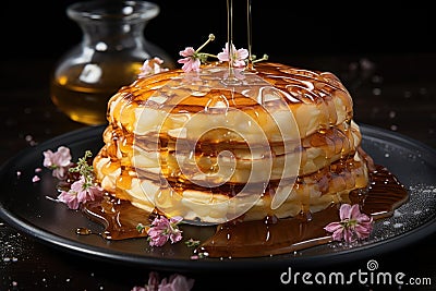 Golden pancakes with syrup, strawberries and nuts, a tempting delight., generative IA Stock Photo