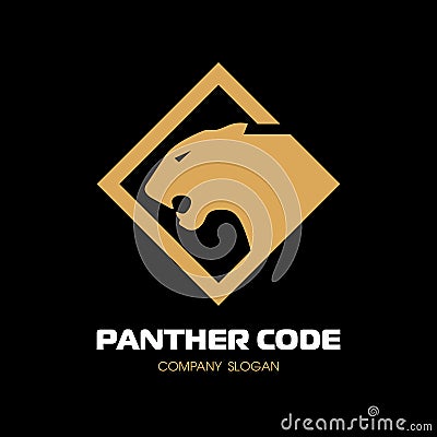 Golden panther logo. The head in profile. Fearless panther. Roaring predator. Fang, face. Combine with text. Vector Logo Vector Illustration